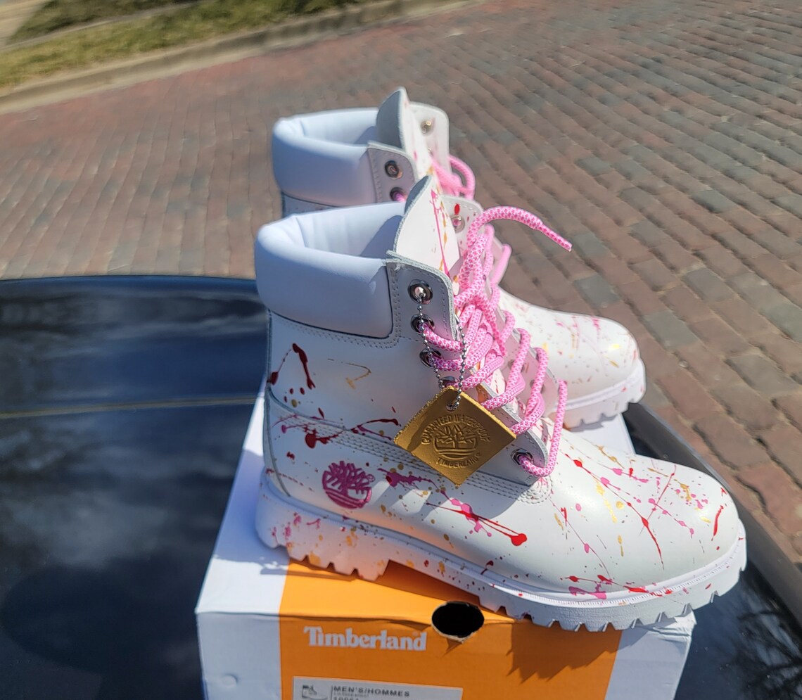 Timberland boots custom made men's Waterproofs gold and white/ pink stylish