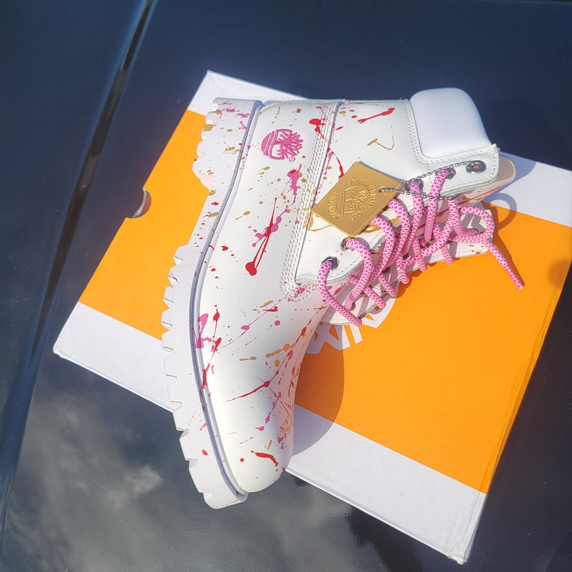 Timberland boots custom made men's Waterproofs gold and white/ pink stylish